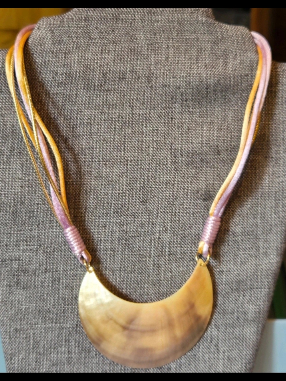 Vintage,Handcrafted Crescent Pendant Necklace in Soft Pink and Gold
